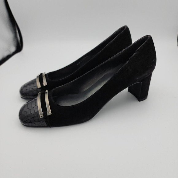 Stuart Weitzman "Joining" BlackSuede Heels w/ Snakeskin Cap Toe Pumps $475 Spain - Picture 6 of 9
